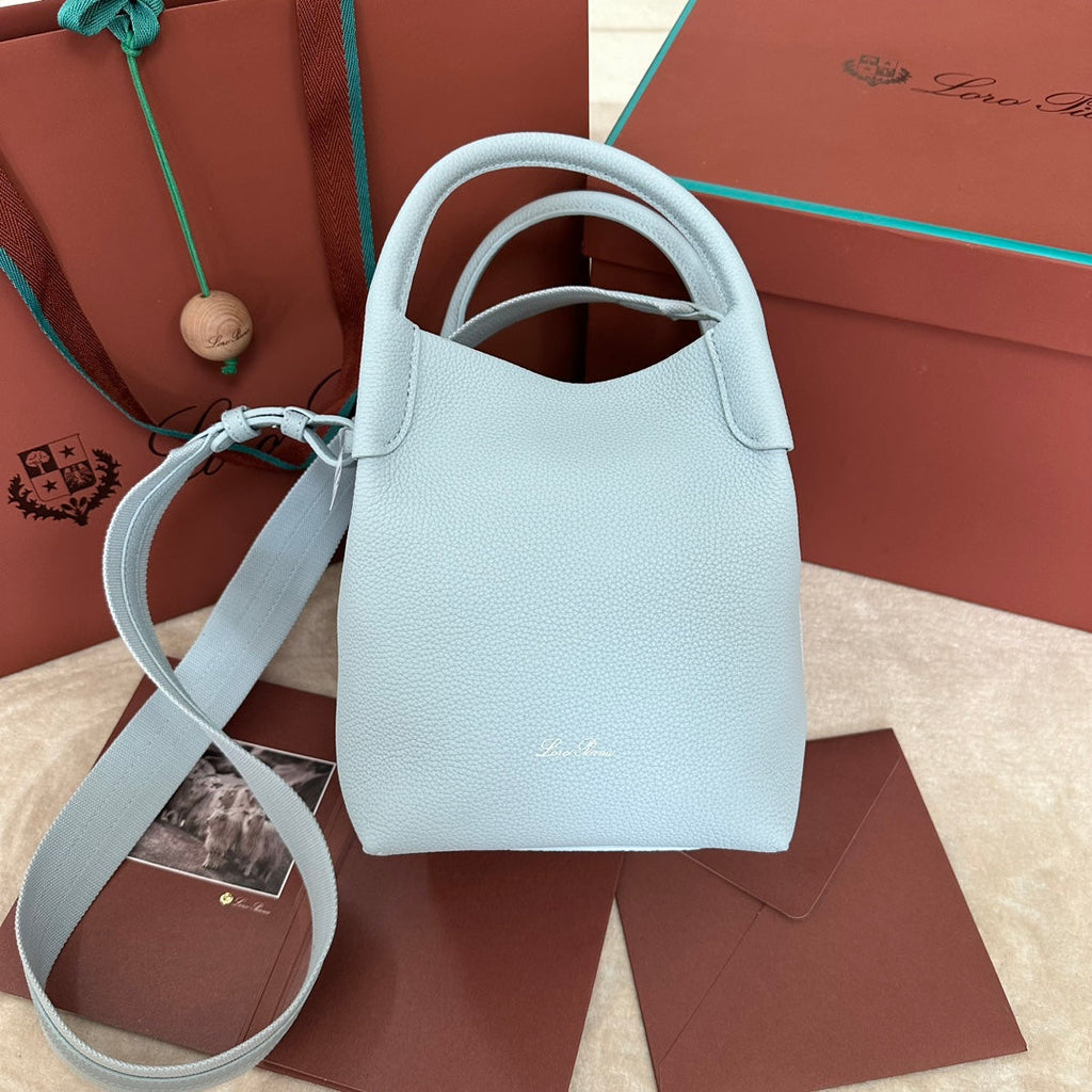 LORO PIANA SMALL 21 BALE BAG IN LIGHT BLUE GRAINED CALFSKIN WITH SILVER HARDWARE