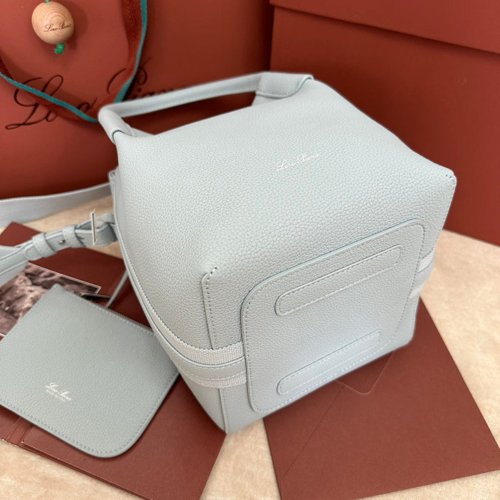 LORO PIANA SMALL 21 BALE BAG IN LIGHT BLUE GRAINED CALFSKIN WITH SILVER HARDWARE