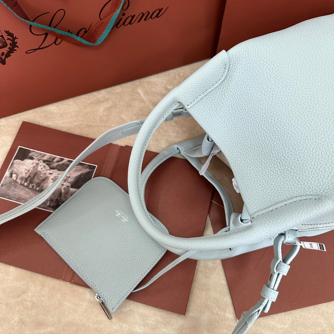LORO PIANA SMALL 21 BALE BAG IN LIGHT BLUE GRAINED CALFSKIN WITH SILVER HARDWARE
