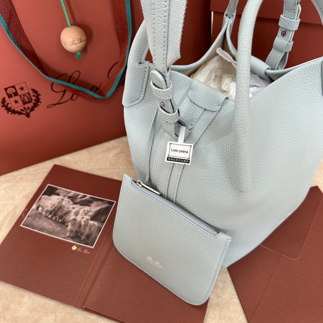 LORO PIANA SMALL 21 BALE BAG IN LIGHT BLUE GRAINED CALFSKIN WITH SILVER HARDWARE