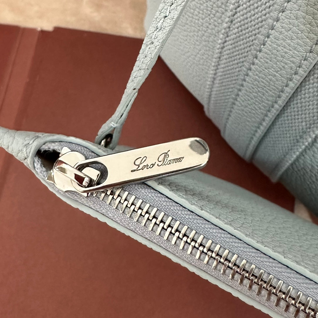 LORO PIANA SMALL 21 BALE BAG IN LIGHT BLUE GRAINED CALFSKIN WITH SILVER HARDWARE