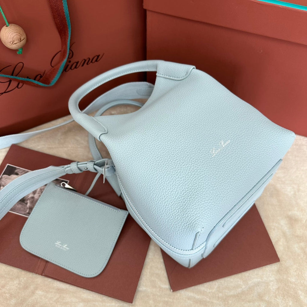 LORO PIANA SMALL 21 BALE BAG IN LIGHT BLUE GRAINED CALFSKIN WITH SILVER HARDWARE