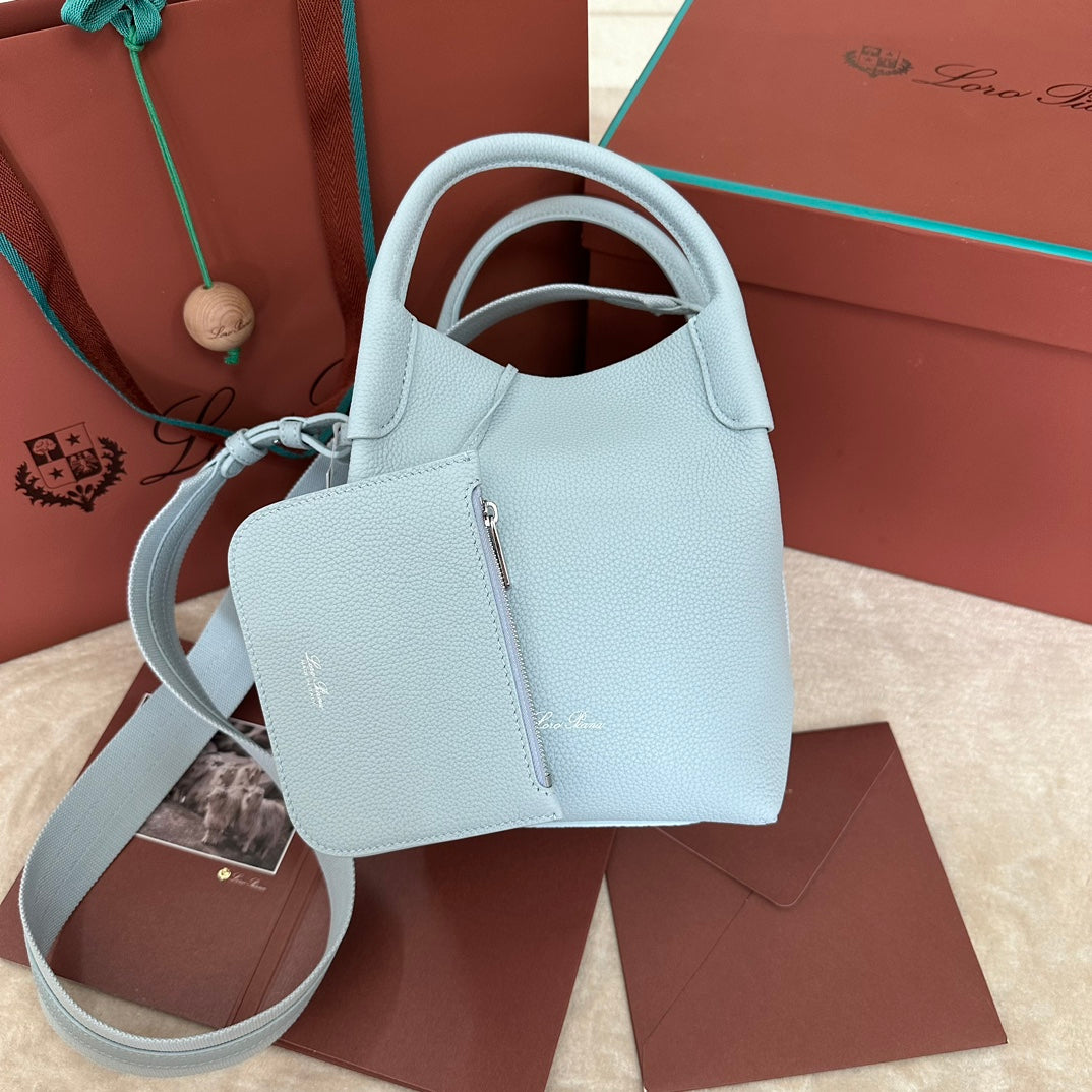 LORO PIANA SMALL 21 BALE BAG IN LIGHT BLUE GRAINED CALFSKIN WITH SILVER HARDWARE