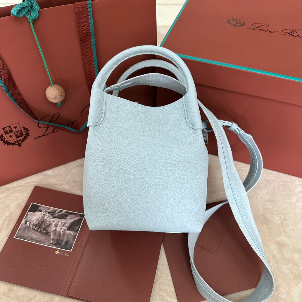 LORO PIANA SMALL 21 BALE BAG IN LIGHT BLUE GRAINED CALFSKIN WITH SILVER HARDWARE