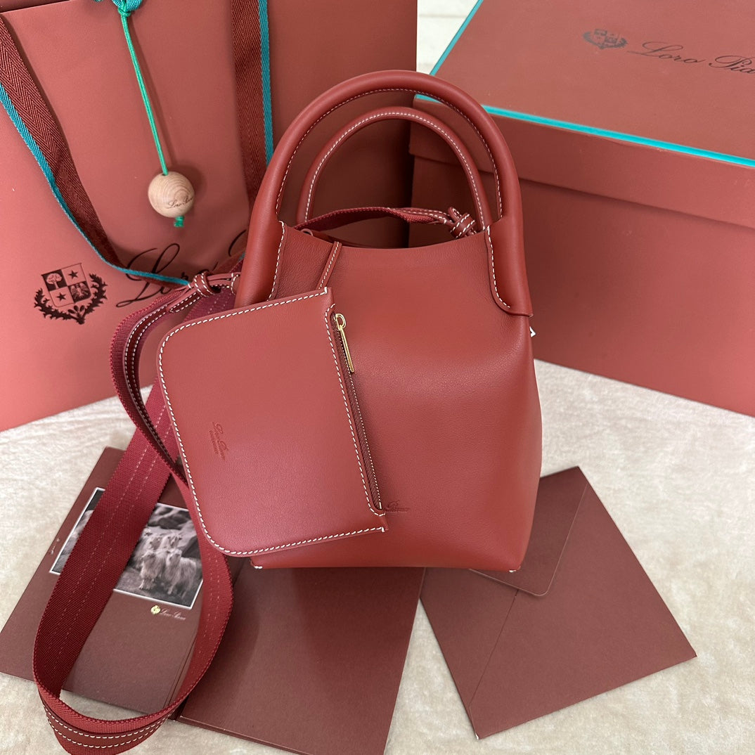 LORO PIANA SMALL 21 BALE BAG IN MARS RED GRAINED CALFSKIN WITH GOLD HARDWARE