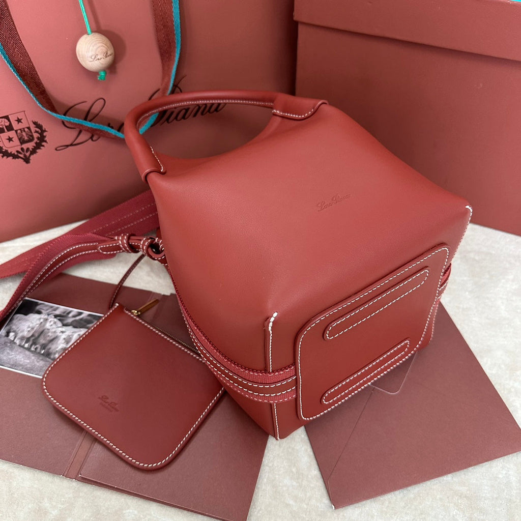 LORO PIANA SMALL 21 BALE BAG IN MARS RED GRAINED CALFSKIN WITH GOLD HARDWARE