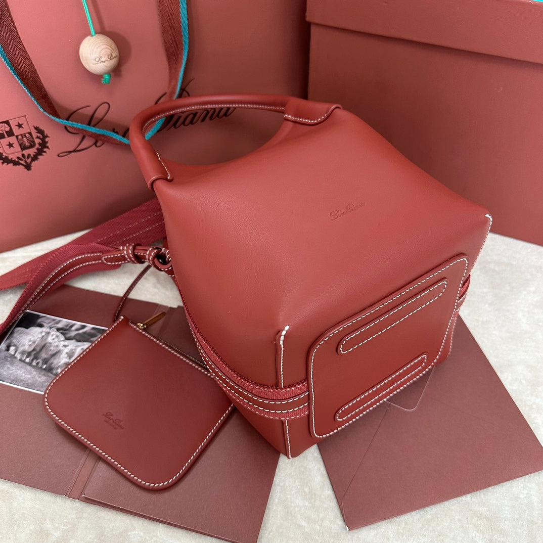 LORO PIANA SMALL 21 BALE BAG IN MARS RED GRAINED CALFSKIN WITH GOLD HARDWARE
