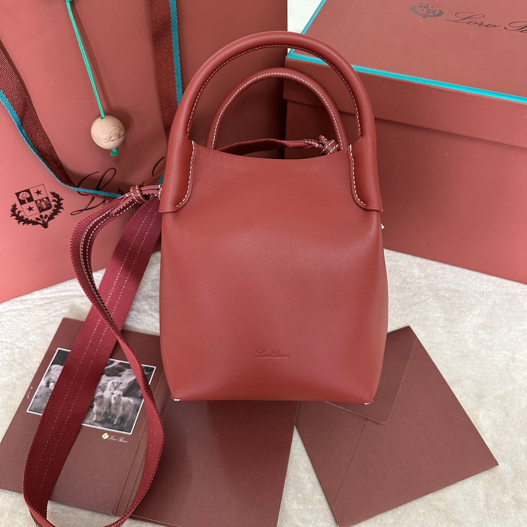 LORO PIANA SMALL 21 BALE BAG IN MARS RED GRAINED CALFSKIN WITH GOLD HARDWARE