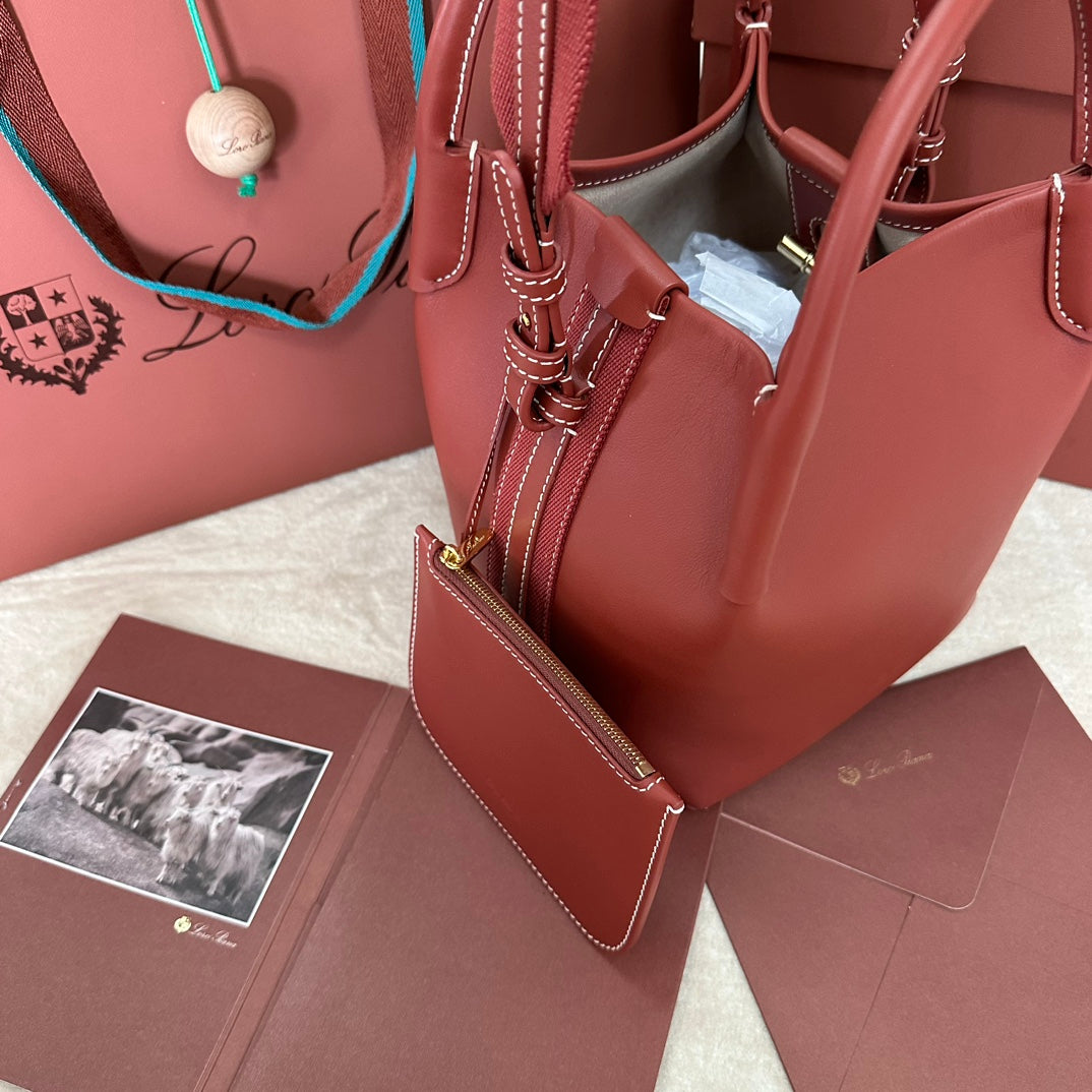 LORO PIANA SMALL 21 BALE BAG IN MARS RED GRAINED CALFSKIN WITH GOLD HARDWARE