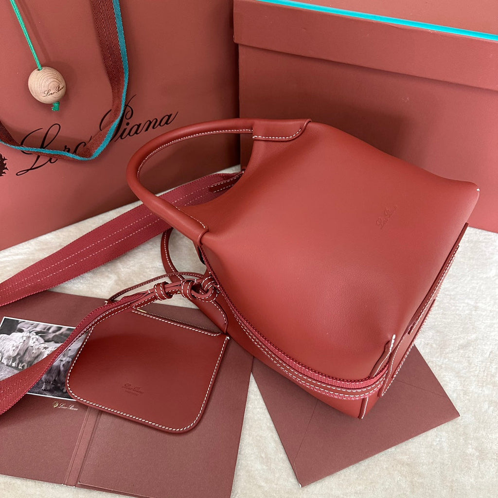 LORO PIANA SMALL 21 BALE BAG IN MARS RED GRAINED CALFSKIN WITH GOLD HARDWARE