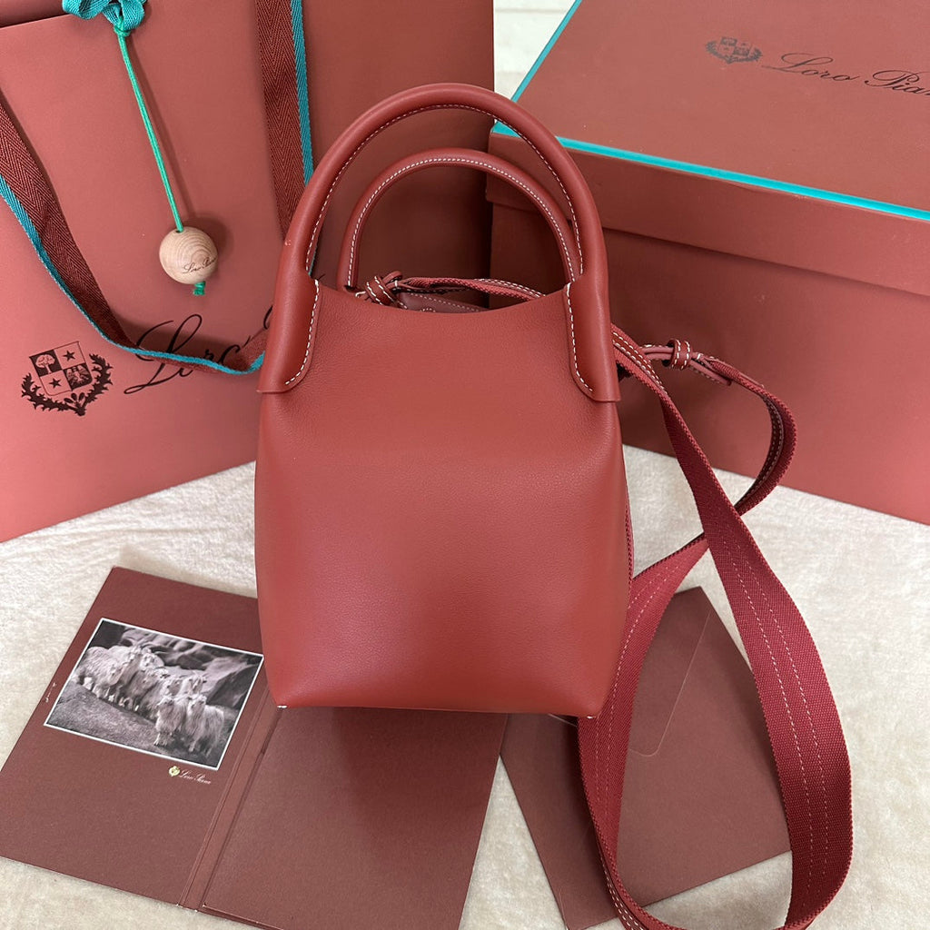 LORO PIANA SMALL 21 BALE BAG IN MARS RED GRAINED CALFSKIN WITH GOLD HARDWARE