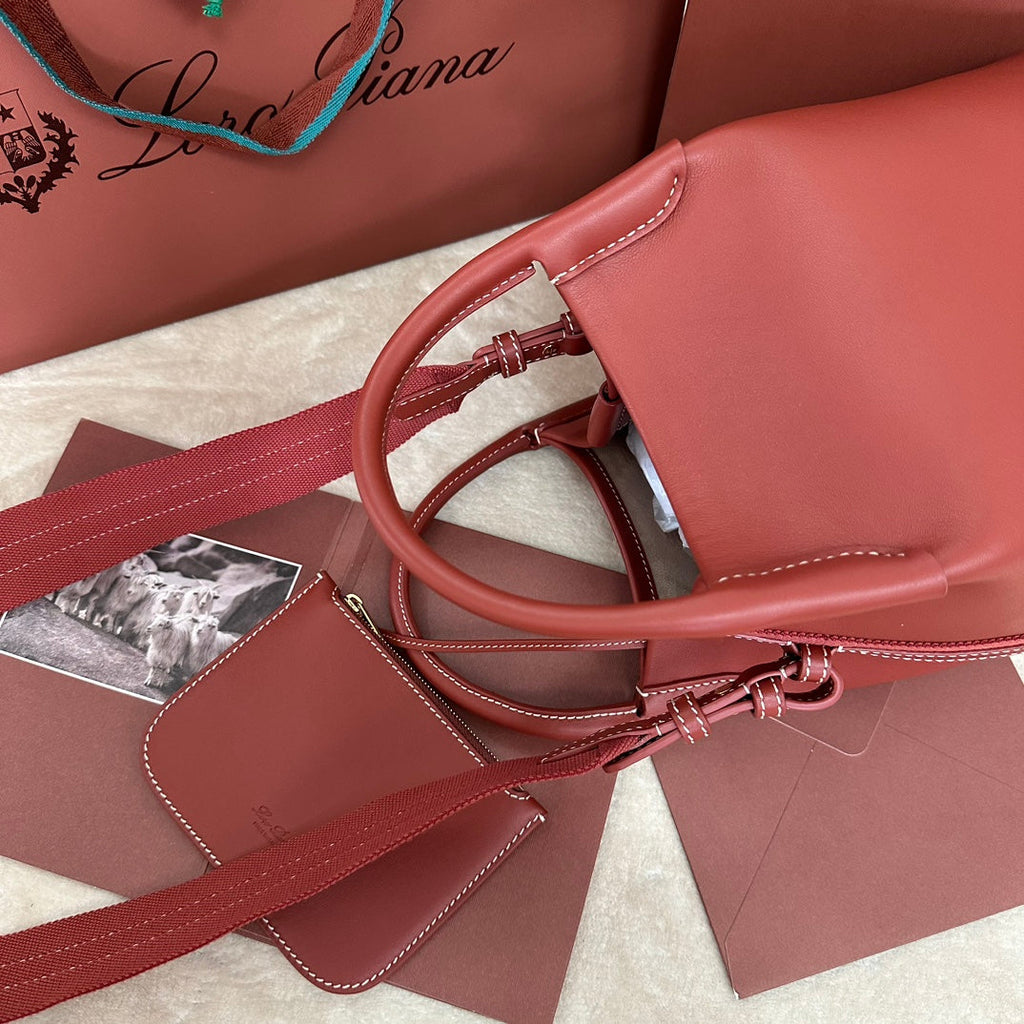 LORO PIANA SMALL 21 BALE BAG IN MARS RED GRAINED CALFSKIN WITH GOLD HARDWARE