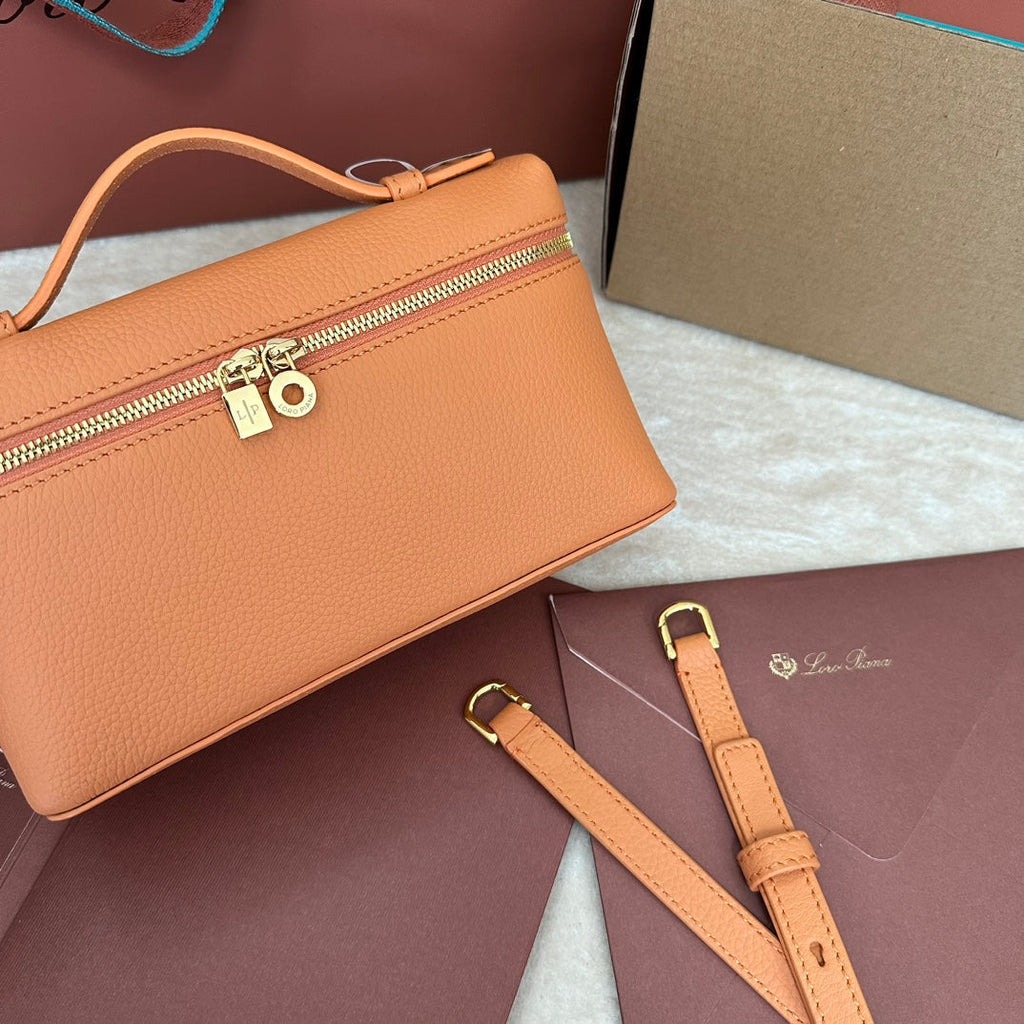 LORO PIANA EXTRA POCKET L19 IN MANGO ORANGE GRAINED CALFSKIN WITH GOLD HARDWARE