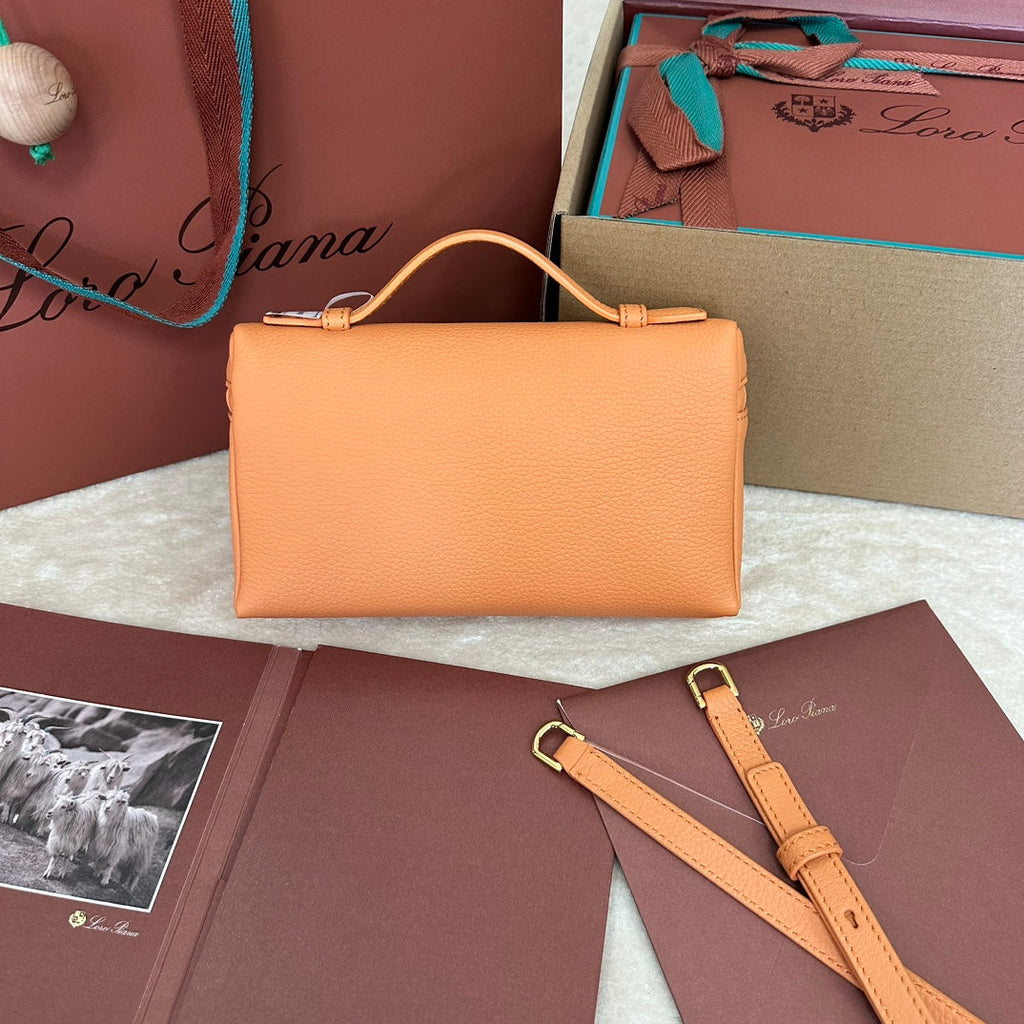 LORO PIANA EXTRA POCKET L19 IN MANGO ORANGE GRAINED CALFSKIN WITH GOLD HARDWARE