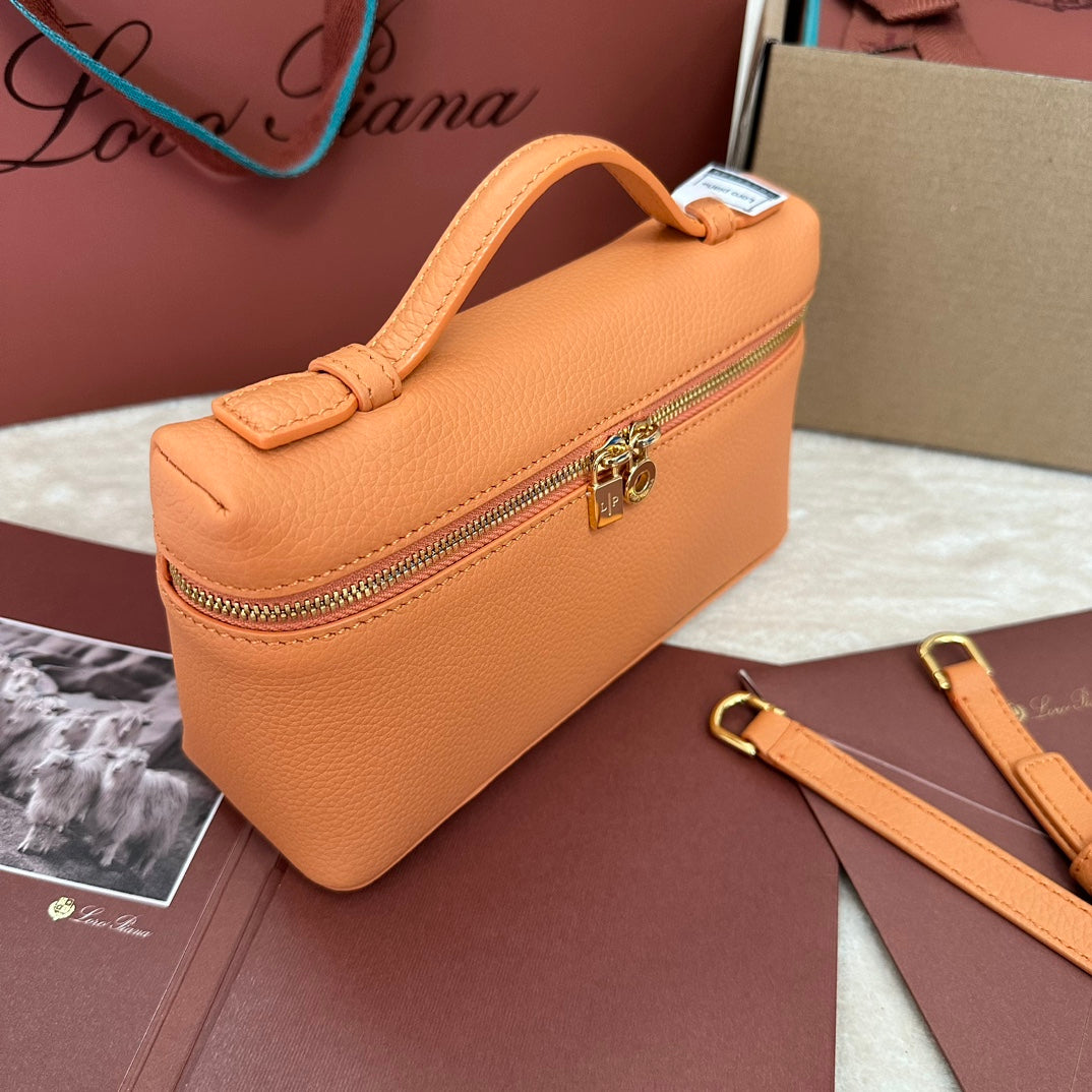 LORO PIANA EXTRA POCKET L19 IN MANGO ORANGE GRAINED CALFSKIN WITH GOLD HARDWARE