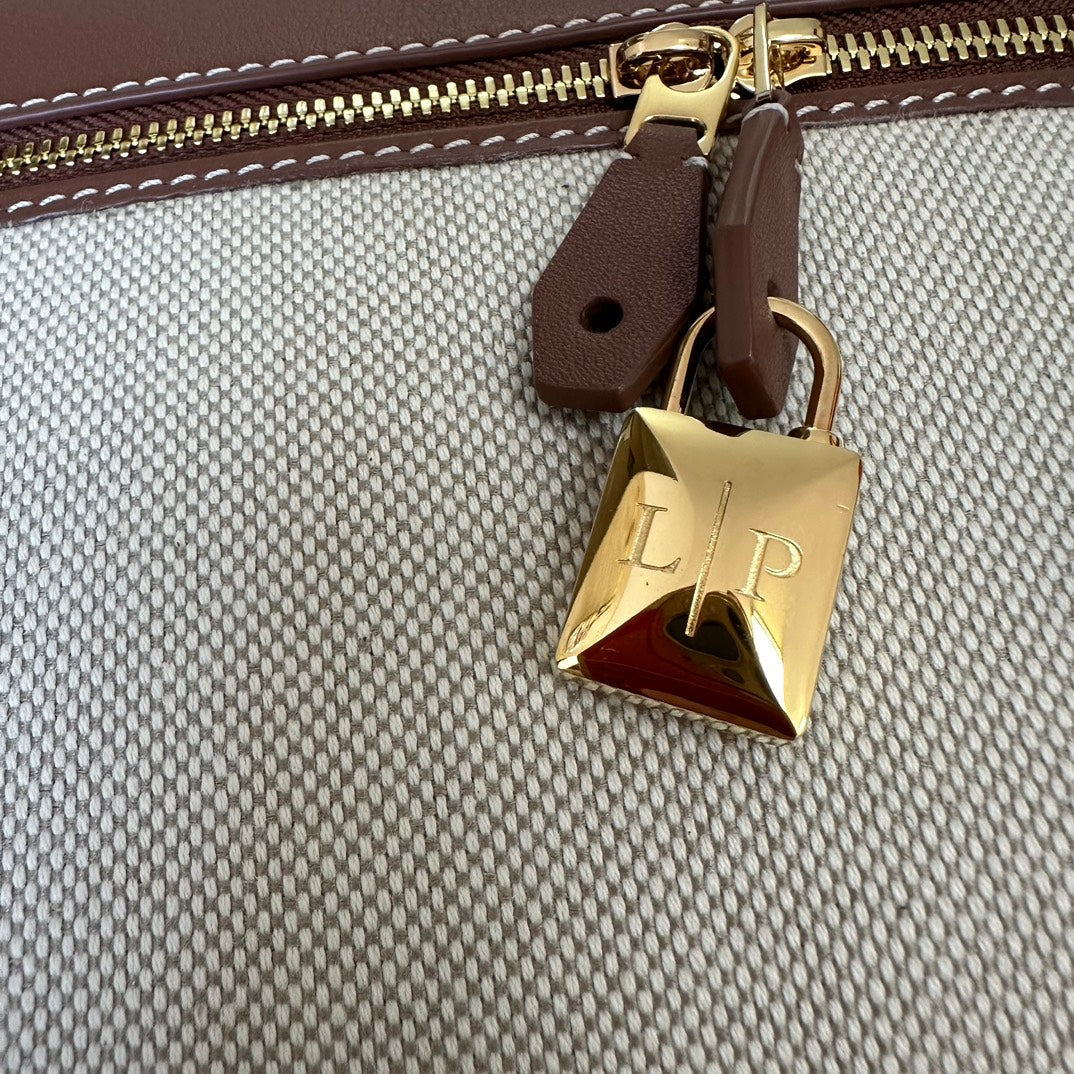 LORO PIANA EXTRA BAG L27 IN WHITE CANVAS AND RED BROWN CALFSKIN WITH GOLD HARDWARE