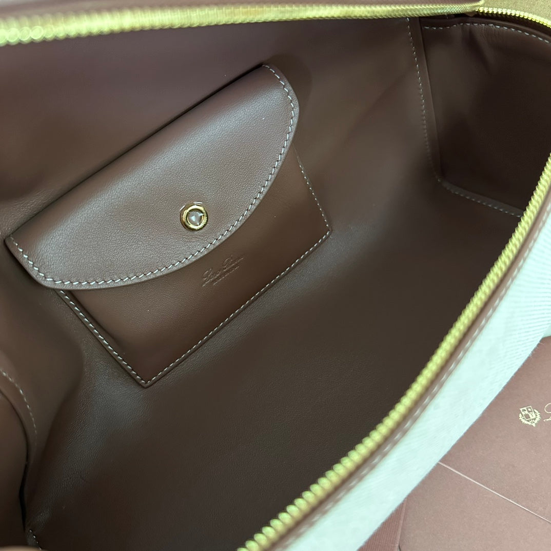 LORO PIANA EXTRA BAG L27 IN WHITE CANVAS AND RED BROWN CALFSKIN WITH GOLD HARDWARE