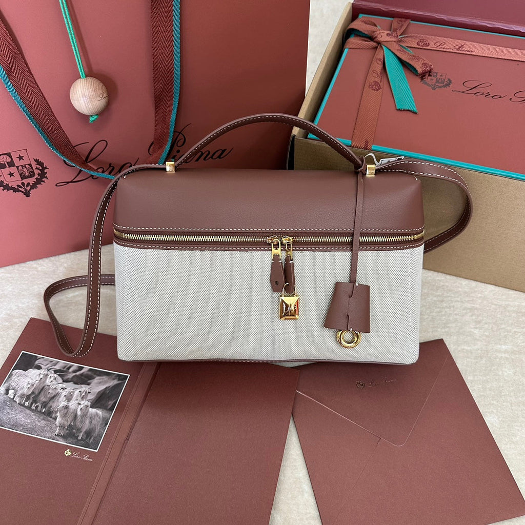 LORO PIANA EXTRA BAG L27 IN WHITE CANVAS AND RED BROWN CALFSKIN WITH GOLD HARDWARE