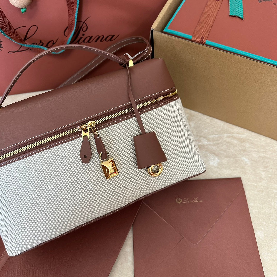LORO PIANA EXTRA BAG L27 IN WHITE CANVAS AND RED BROWN CALFSKIN WITH GOLD HARDWARE
