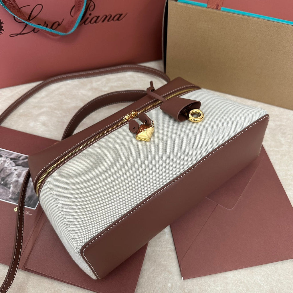 LORO PIANA EXTRA BAG L27 IN WHITE CANVAS AND RED BROWN CALFSKIN WITH GOLD HARDWARE