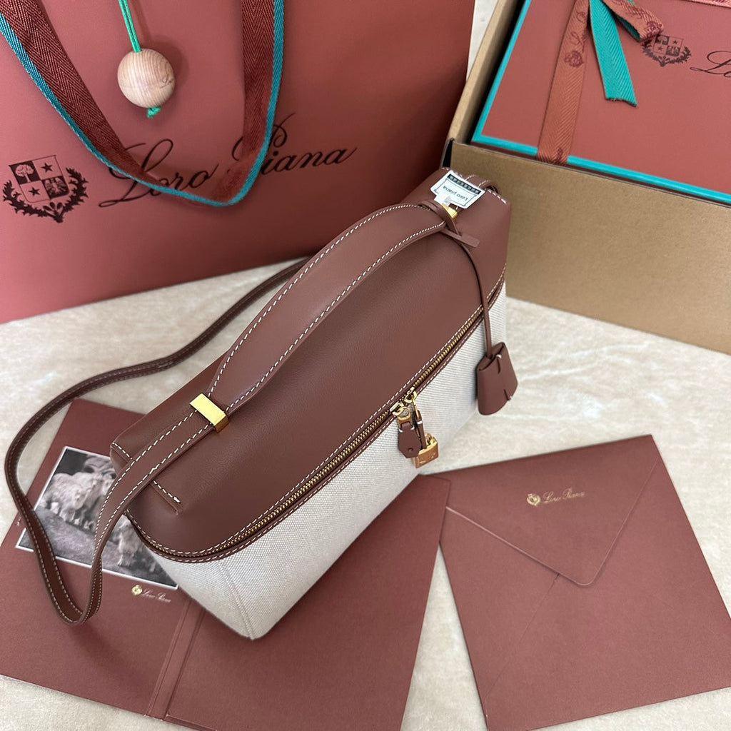 LORO PIANA EXTRA BAG L27 IN WHITE CANVAS AND RED BROWN CALFSKIN WITH GOLD HARDWARE