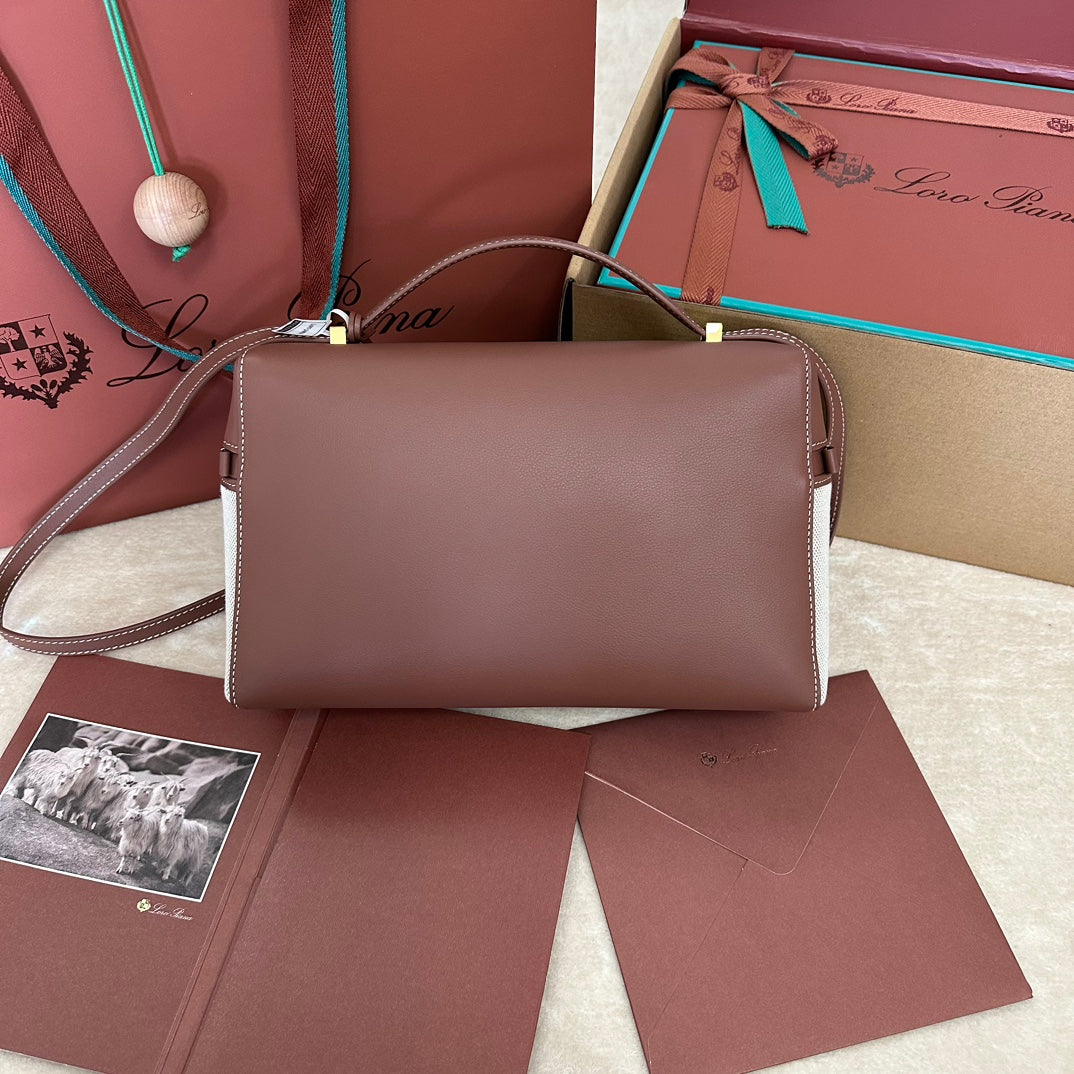 LORO PIANA EXTRA BAG L27 IN WHITE CANVAS AND RED BROWN CALFSKIN WITH GOLD HARDWARE