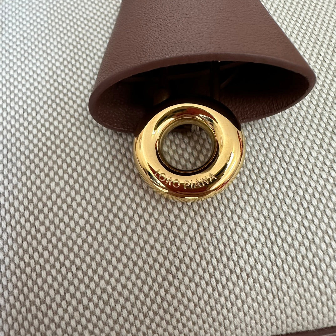 LORO PIANA EXTRA BAG L27 IN WHITE CANVAS AND RED BROWN CALFSKIN WITH GOLD HARDWARE