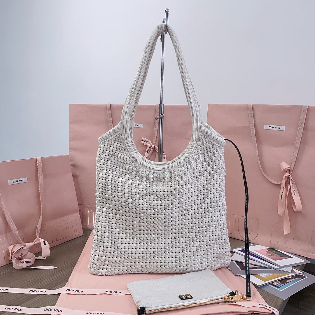 MIU MIU HOLLOW KNITTED TOTE BAG 40 IN WHITE MIX BLACK WOVEN FABRIC