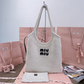 MIU MIU HOLLOW KNITTED TOTE BAG 40 IN WHITE MIX BLACK WOVEN FABRIC