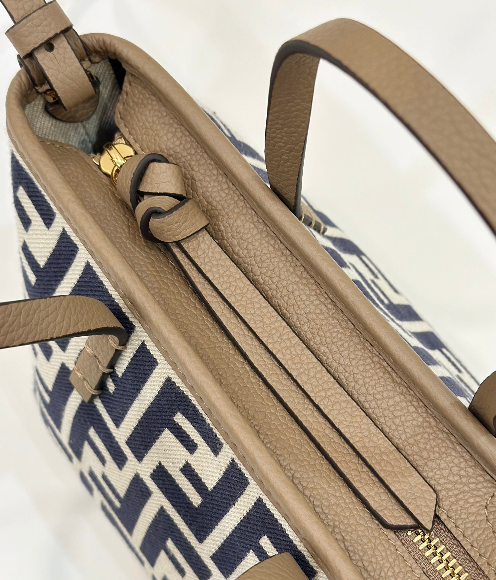 FENDI MINI ROLL BAG 15 MIDNIGHT BLUE MIX WHITE FF JACQUARD FABRIC