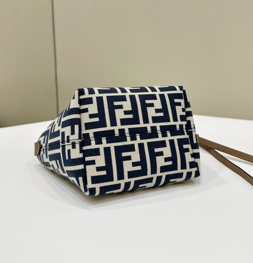 FENDI MINI ROLL BAG 15 MIDNIGHT BLUE MIX WHITE FF JACQUARD FABRIC