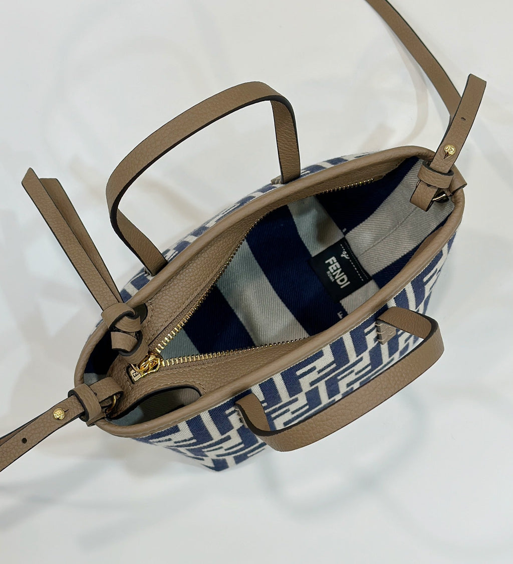 FENDI MINI ROLL BAG 15 MIDNIGHT BLUE MIX WHITE FF JACQUARD FABRIC