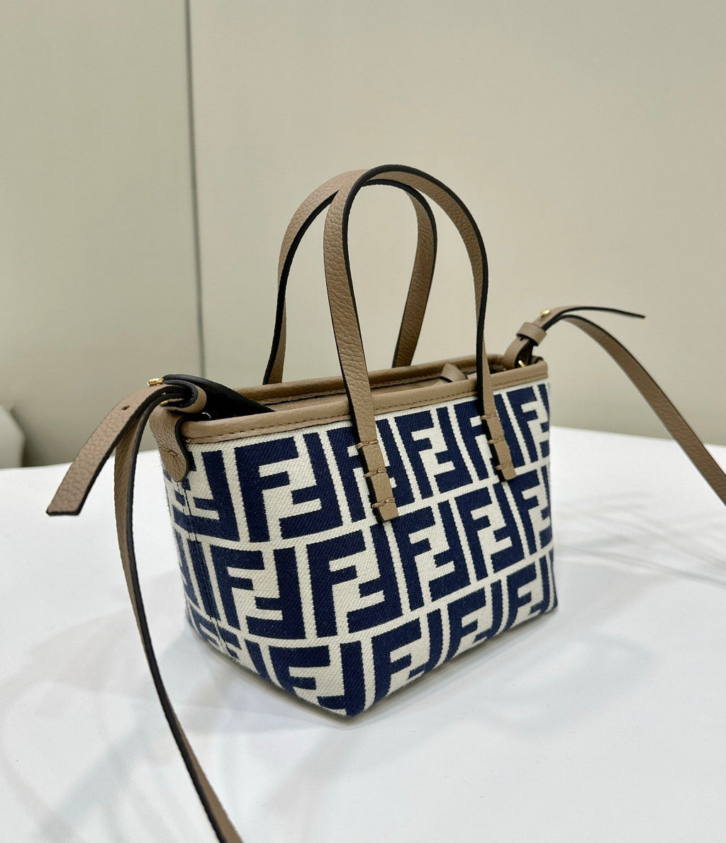 FENDI MINI ROLL BAG 15 MIDNIGHT BLUE MIX WHITE FF JACQUARD FABRIC