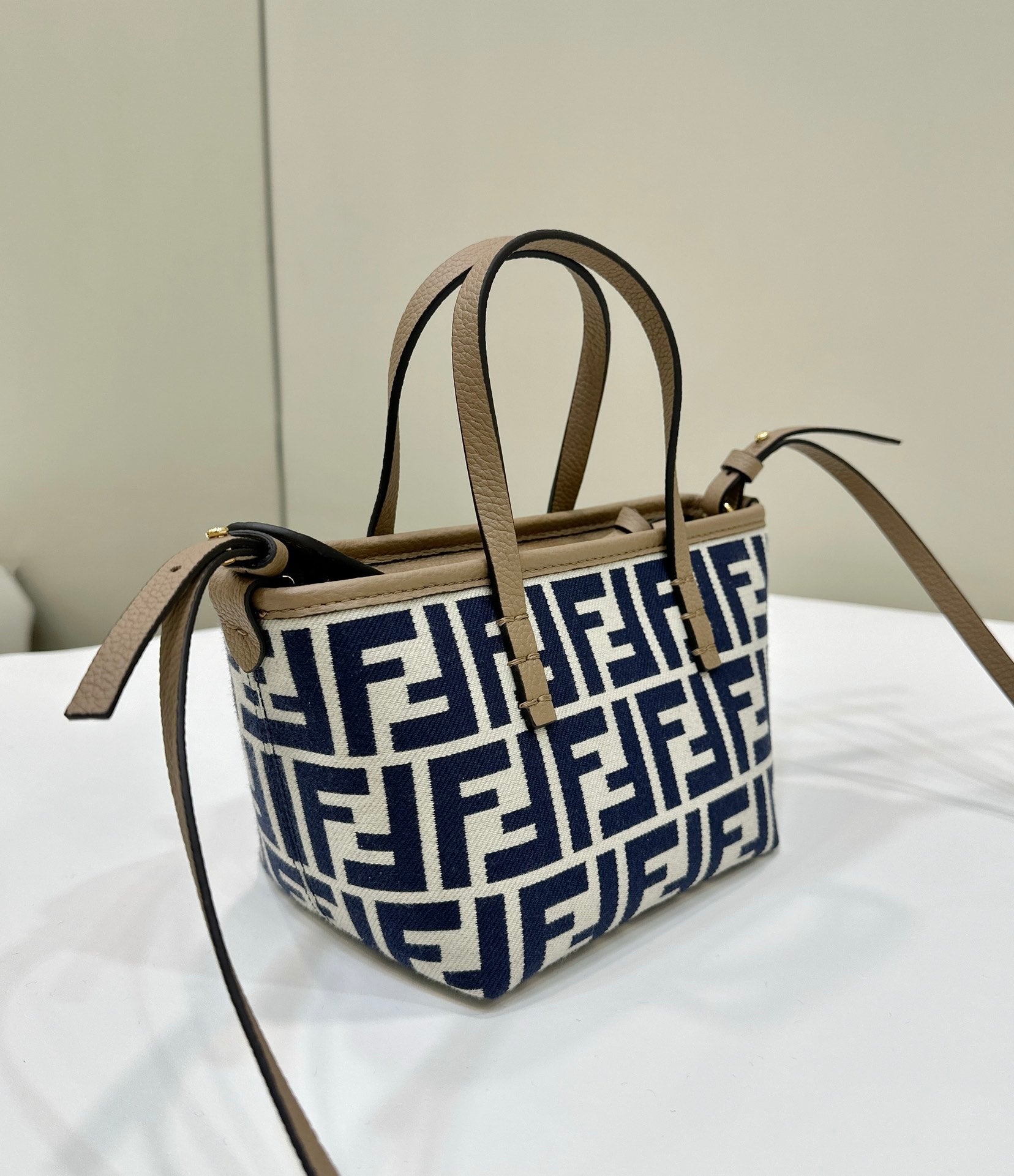 FENDI MINI ROLL BAG 15 MIDNIGHT BLUE MIX WHITE FF JACQUARD FABRIC