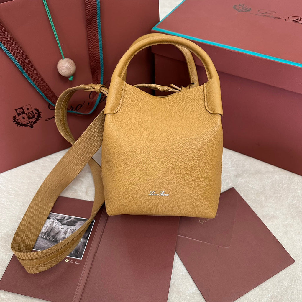 LORO PIANA SMALL 21 BALE BAG IN MUSTARD YELLOW GRAINED CALFSKIN