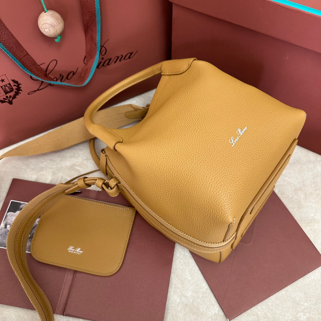 LORO PIANA SMALL 21 BALE BAG IN MUSTARD YELLOW GRAINED CALFSKIN