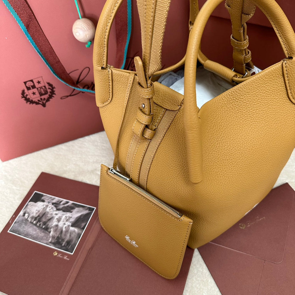 LORO PIANA SMALL 21 BALE BAG IN MUSTARD YELLOW GRAINED CALFSKIN