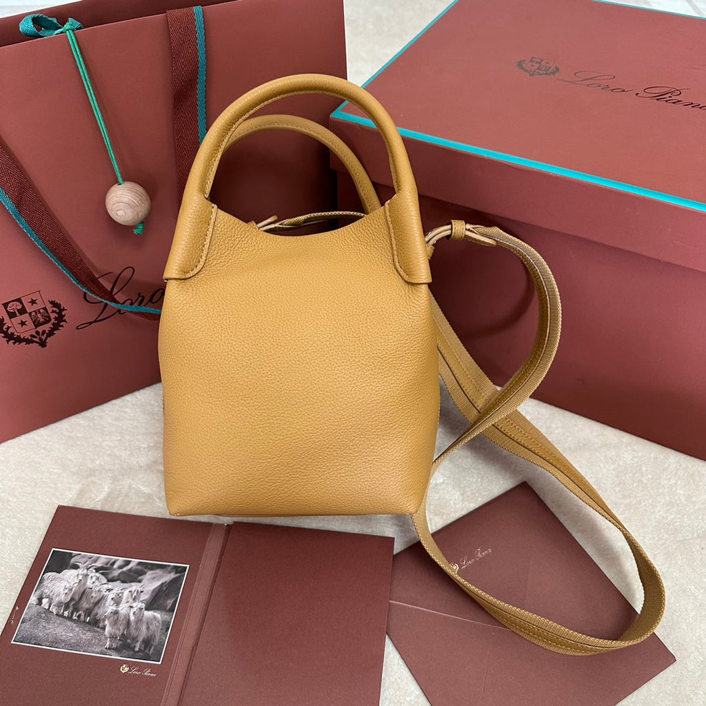LORO PIANA SMALL 21 BALE BAG IN MUSTARD YELLOW GRAINED CALFSKIN