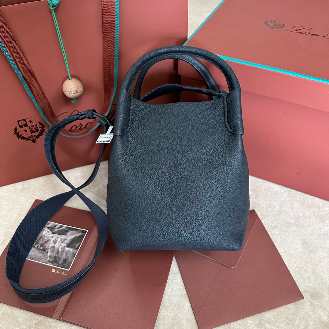 LORO PIANA SMALL 21 BALE BAG IN BLACK GRAINED CALFSKIN WITH SILVER HARDWARE