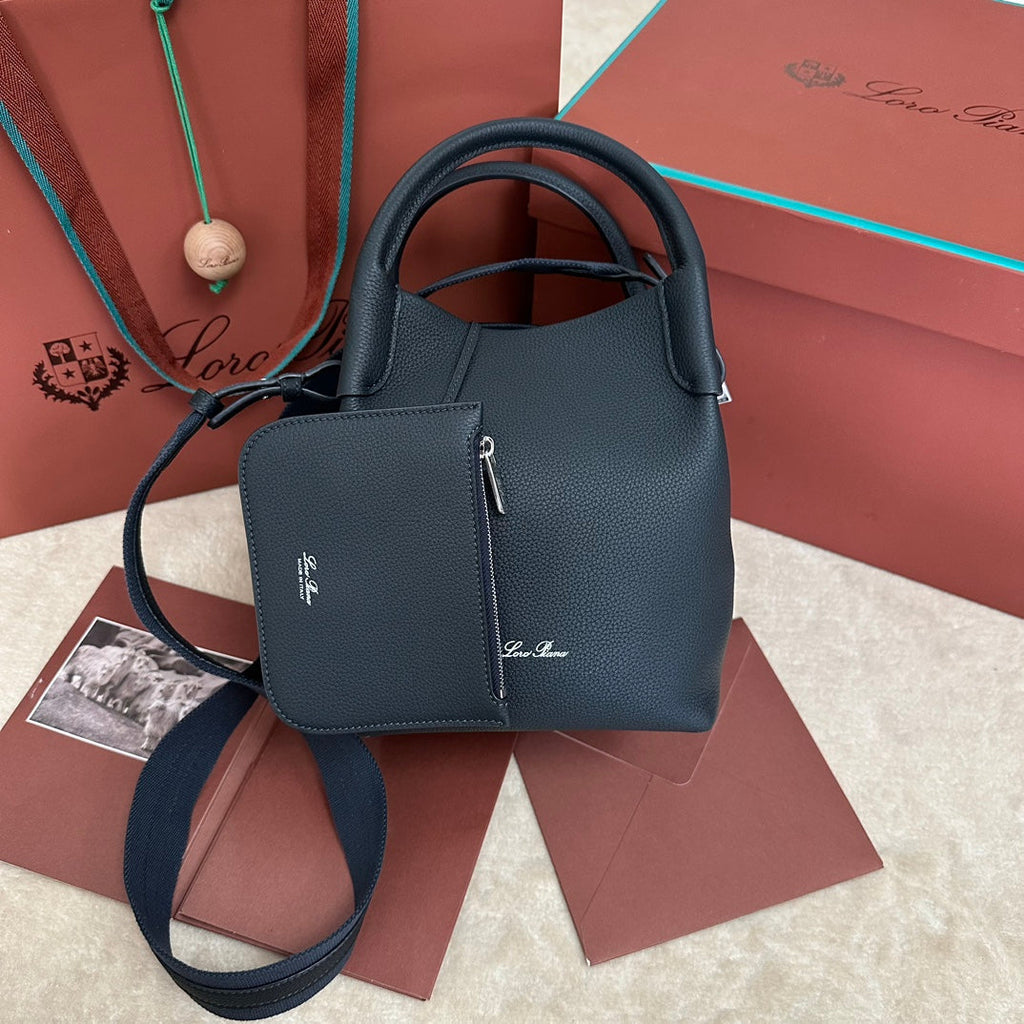 LORO PIANA SMALL 21 BALE BAG IN BLACK GRAINED CALFSKIN WITH SILVER HARDWARE