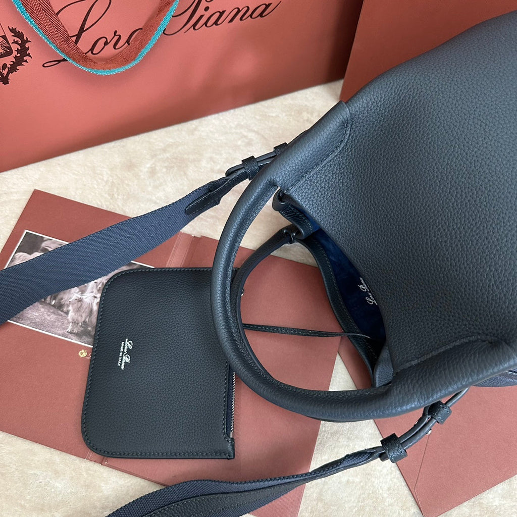 LORO PIANA SMALL 21 BALE BAG IN BLACK GRAINED CALFSKIN WITH SILVER HARDWARE