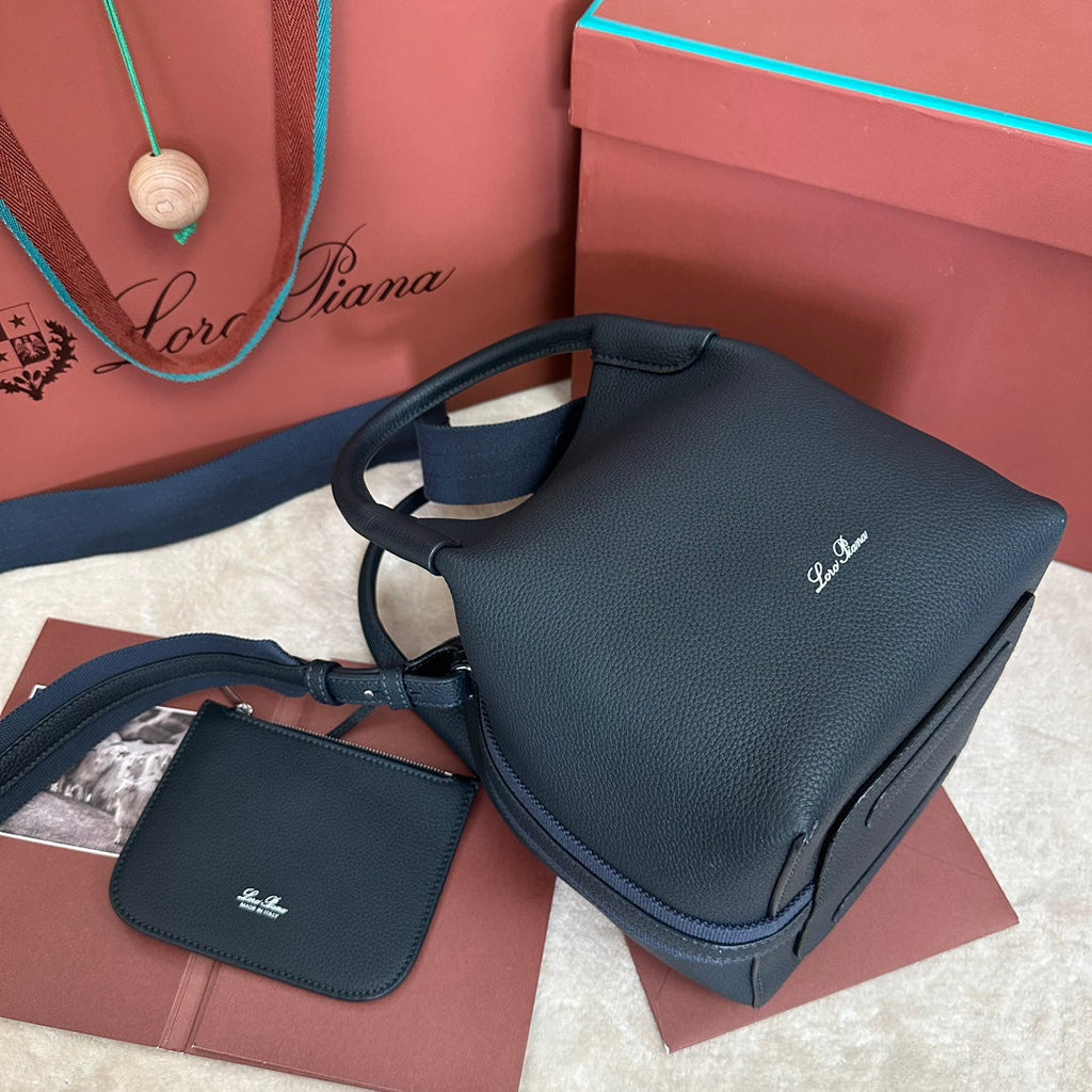 LORO PIANA SMALL 21 BALE BAG IN BLACK GRAINED CALFSKIN WITH SILVER HARDWARE