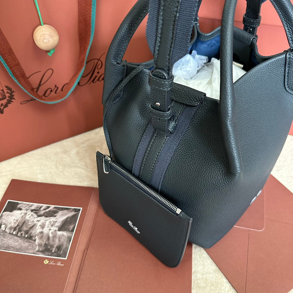 LORO PIANA SMALL 21 BALE BAG IN BLACK GRAINED CALFSKIN WITH SILVER HARDWARE