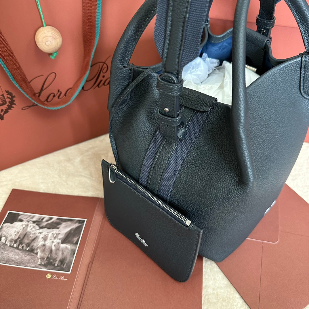 LORO PIANA SMALL 21 BALE BAG IN BLACK GRAINED CALFSKIN WITH SILVER HARDWARE