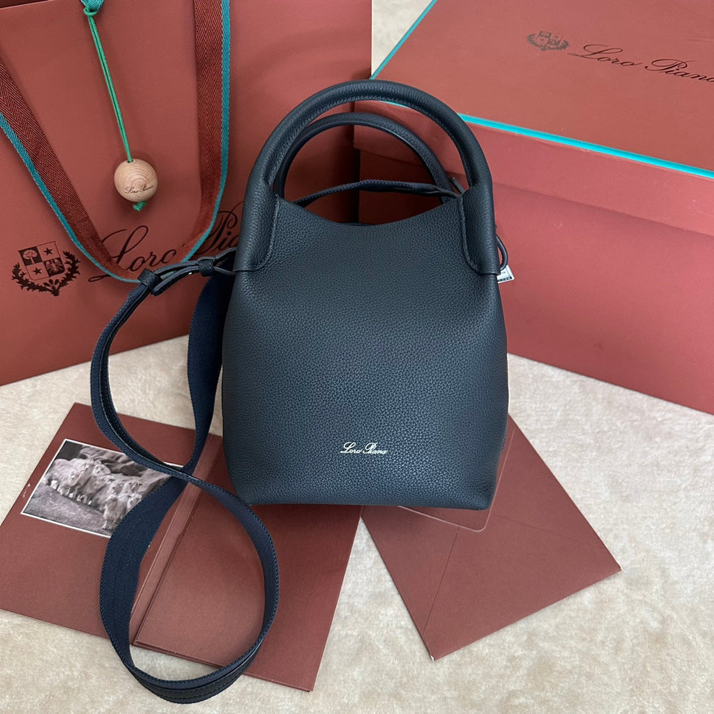 LORO PIANA SMALL 21 BALE BAG IN BLACK GRAINED CALFSKIN WITH SILVER HARDWARE