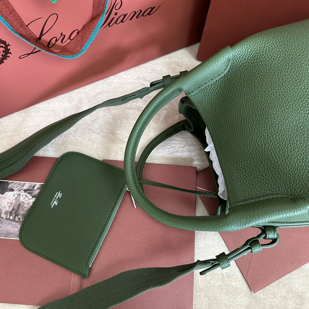 LORO PIANA SMALL 21 BALE BAG IN BASIL GREEN GRAINED CALFSKIN WITH SILVER HARDWARE