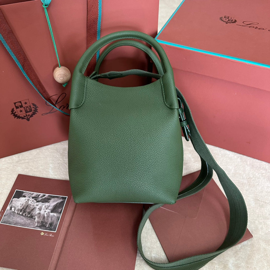 LORO PIANA SMALL 21 BALE BAG IN BASIL GREEN GRAINED CALFSKIN WITH SILVER HARDWARE
