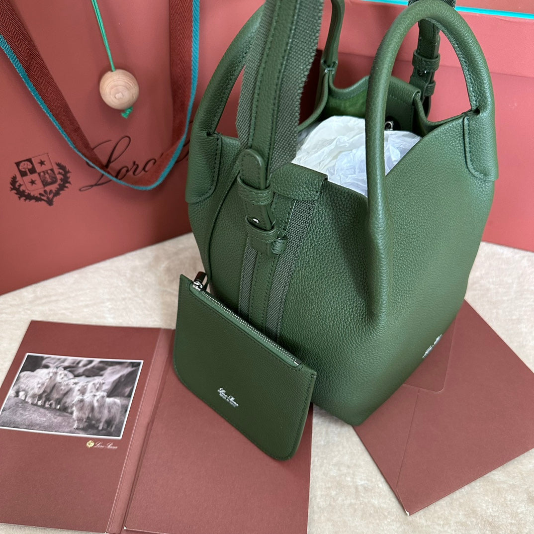 LORO PIANA SMALL 21 BALE BAG IN BASIL GREEN GRAINED CALFSKIN WITH SILVER HARDWARE