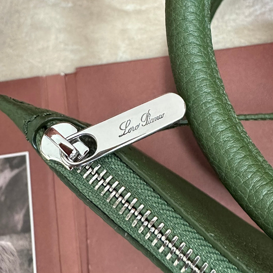 LORO PIANA SMALL 21 BALE BAG IN BASIL GREEN GRAINED CALFSKIN WITH SILVER HARDWARE