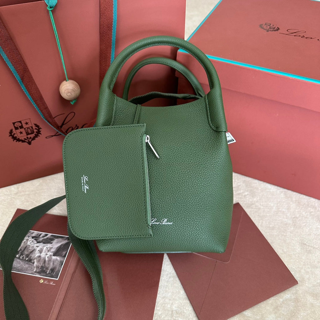 LORO PIANA SMALL 21 BALE BAG IN BASIL GREEN GRAINED CALFSKIN WITH SILVER HARDWARE